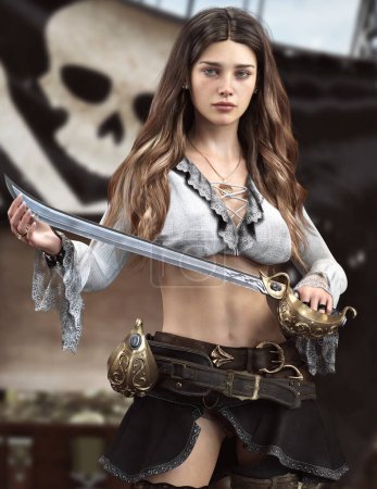 Foto de Retrato de una mercenaria pirata femenina parada en la cubierta de su barco mostrando orgullosamente su recompensa. renderizado 3d - Imagen libre de derechos