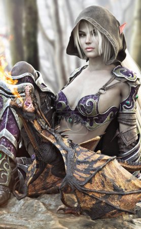 Portrait of a hooded dark elf and her fire breathing dragon. 3d rendering