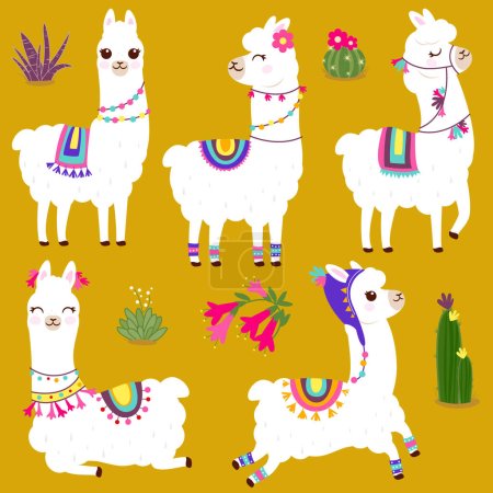Vektor für Niedliche Lama- oder Alpaka-Tiere mit Kakteen und bunten traditionellen Accessoires. Vektorillustration - Lizenzfreies Bild