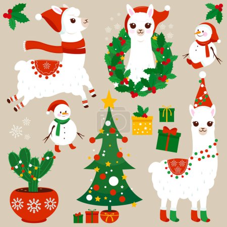 Ilustración de Lindas llamas en trajes de Navidad, árbol de Navidad, regalos y otros objetos de Navidad. Conjunto de ilustración vectorial - Imagen libre de derechos