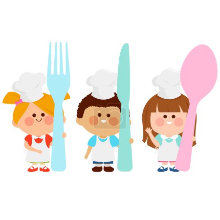 Téléchargez les illustrations : Des enfants chefs tenant une fourchette, un couteau et une cuillère. Repas d'enfants. Illustration vectorielle - en licence libre de droit