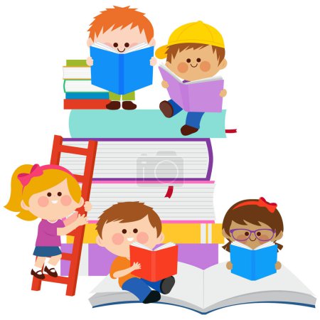 Téléchargez les illustrations : Des enfants assis sur des piles de livres et de lecture. Illustration vectorielle - en licence libre de droit