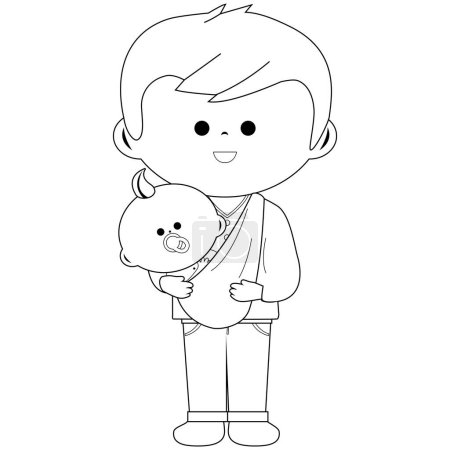 Illustration for Father carrying his baby in a sling. Vector black and white coloring page - Royalty Free Image