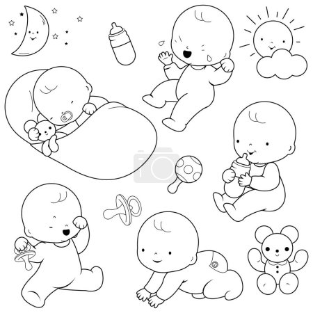 Illustration for Cute babies. Vector black and white coloring page - Royalty Free Image