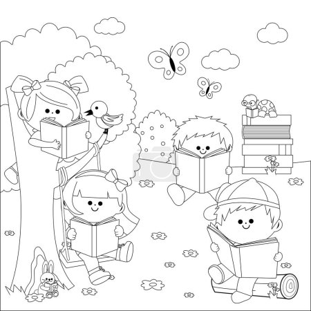 Children reading books at the park, in nature. Vector black and white coloring page.