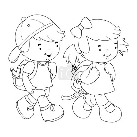 Ilustración de Los niños caminan a la escuela. Vector blanco y negro para colorear página. - Imagen libre de derechos