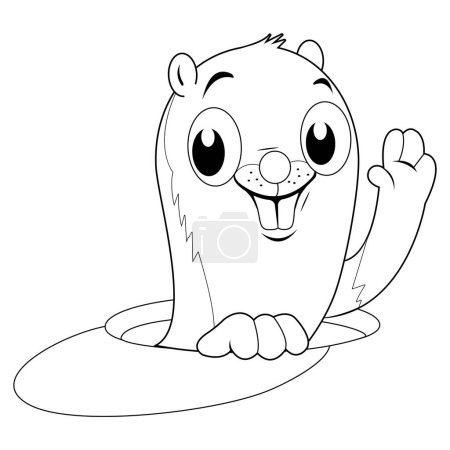 Illustration for Cartoon groundhog peeking out of a hole in the ground. Vector black and white coloring page. - Royalty Free Image