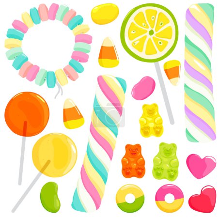 Téléchargez les illustrations : Collection de sucettes colorées, de bonbons gommeux et gelée ours. Illustration vectorielle - en licence libre de droit