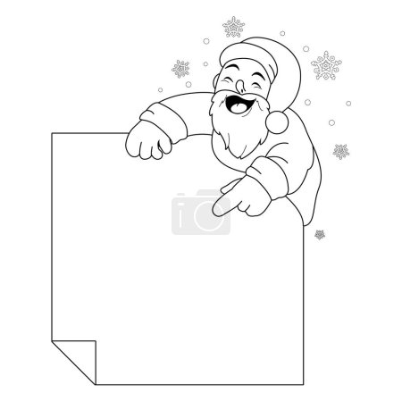 Ilustración de Papá Noel sosteniendo un cartel en blanco. Vector blanco y negro para colorear página. - Imagen libre de derechos