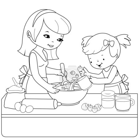 Mother and her daughter cooking in the kitchen. Vector black and white coloring page.