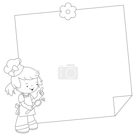 Ilustración de Banner en blanco con un niño chef. Una niña cocinera con un uniforme de chef y un papel en blanco nota. Receta de cocina para niños. Menú infantil fondo. Vector blanco y negro para colorear página. - Imagen libre de derechos