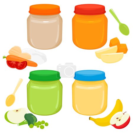 Illustration for Baby and toddler food set in jars and spoons. Meat, fruit and vegetable puree with potato, pumpkin, broccoli, rice, apple and banana. Kids feeding products. Vector illustration collection - Royalty Free Image