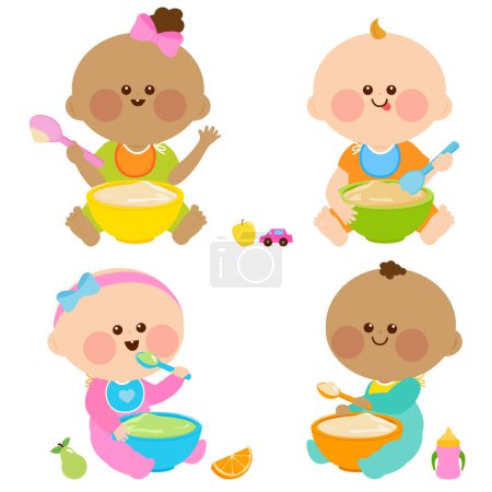 Cute toddler baby boys and girls eating baby food cereal and pureed fruits and vegetables. Diverse group of baby boys and girls having breakfast of porridge, cereal and fruits. Vector illustration