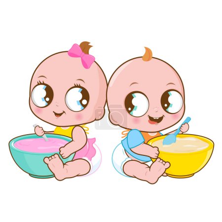 Niedliche Kleinkind Baby Boy und Baby Girl Zwillinge essen Babynahrung Müsli und püriertes Obst und Gemüse. Ein kleiner Junge und ein kleines Mädchen frühstücken mit Müsli und Früchten. Vektorillustration
