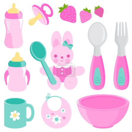 Babynahrung Essgeschirr Set. Löffel und Gabel für Babys, Geschirr mit Milchflaschen. Geschirr und Lätzchen für Babys und Kleinkinder, die feste Nahrung zu sich nehmen. Vektorillustrationen