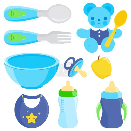 Set de utensilios de comida para bebés. Cuchara y tenedor para bebés, vajilla con biberones. Colección de ilustración vectorial
