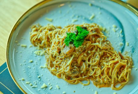 Photo for Close-up Black Truffle Spaghetti and Cheese on a beautiful dish with natural light. - Royalty Free Image