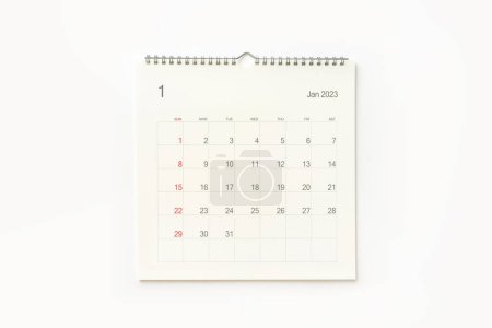 Janvier 2023 page du calendrier sur fond blanc. Contexte du calendrier pour rappel, planification des activités, réunion et événement.