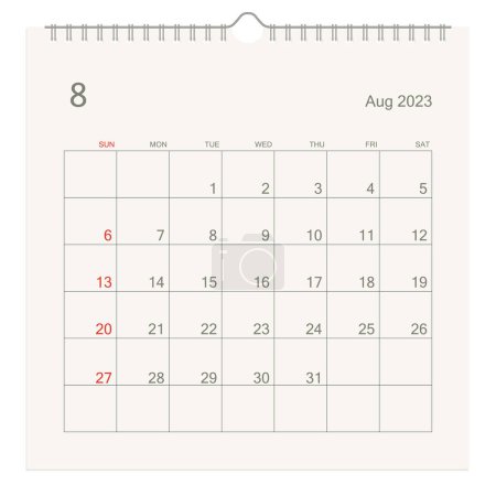 August 2023 Kalenderblatt auf weißem Hintergrund. Kalenderhintergrund für Erinnerung, Geschäftsplanung, Terminbesprechung und Veranstaltung. Die Woche beginnt am Sonntag. Vektorillustration.