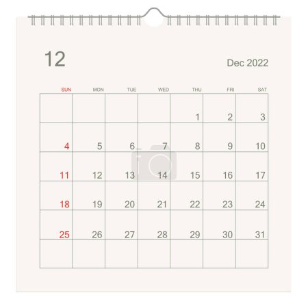Illustration for December 2022 calendar page on white background. Calendar background for reminder, business planning, appointment meeting and event. Week starts from Sunday. Vector illustration. - Royalty Free Image