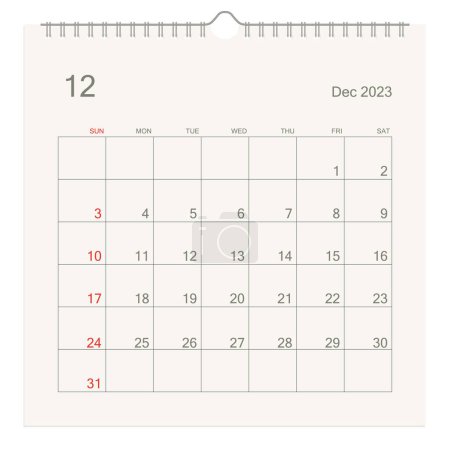 Illustration for December 2023 calendar page on white background. Calendar background for reminder, business planning, appointment meeting and event. Week starts from Sunday. Vector illustration. - Royalty Free Image