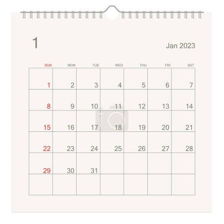 Illustration for January 2023 calendar page on white background. Calendar background for reminder, business planning, appointment meeting and event. Week starts from Sunday. Vector illustration. - Royalty Free Image