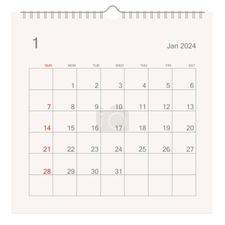 Kalenderblatt Januar 2024 auf weißem Hintergrund. Kalenderhintergrund für Erinnerung, Geschäftsplanung, Terminbesprechung und Veranstaltung. Die Woche beginnt am Sonntag. Vektorillustration.