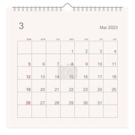 Kalenderblatt März 2023 auf weißem Hintergrund. Kalenderhintergrund für Erinnerung, Geschäftsplanung, Terminbesprechung und Veranstaltung. Die Woche beginnt am Sonntag. Vektorillustration.