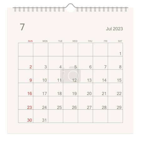 Kalenderblatt Juli 2023 auf weißem Hintergrund. Kalenderhintergrund für Erinnerung, Geschäftsplanung, Terminbesprechung und Veranstaltung. Die Woche beginnt am Sonntag. Vektorillustration.