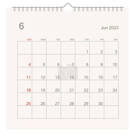 Illustration for June 2023 calendar page on white background. Calendar background for reminder, business planning, appointment meeting and event. Week starts from Sunday. Vector illustration. - Royalty Free Image