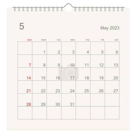 Illustration for May 2023 calendar page on white background. Calendar background for reminder, business planning, appointment meeting and event. Week starts from Sunday. Vector illustration. - Royalty Free Image