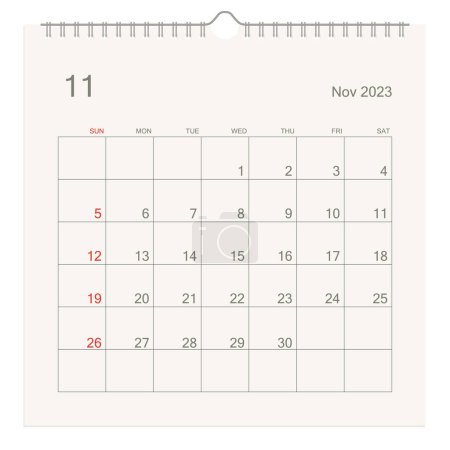 November 2023 Kalenderblatt auf weißem Hintergrund. Kalenderhintergrund für Erinnerung, Geschäftsplanung, Terminbesprechung und Veranstaltung. Die Woche beginnt am Sonntag. Vektorillustration.