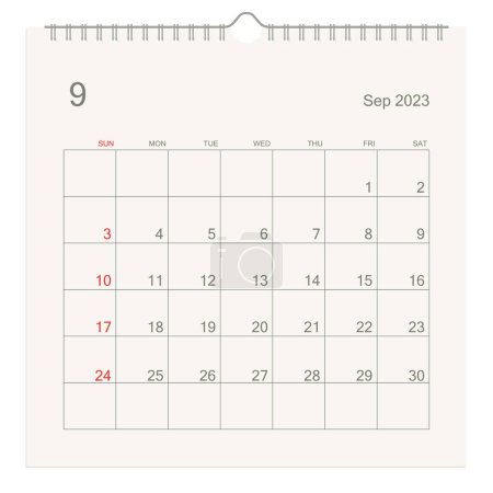 Kalenderblatt September 2023 auf weißem Hintergrund. Kalenderhintergrund für Erinnerung, Geschäftsplanung, Terminbesprechung und Veranstaltung. Die Woche beginnt am Sonntag. Vektorillustration.