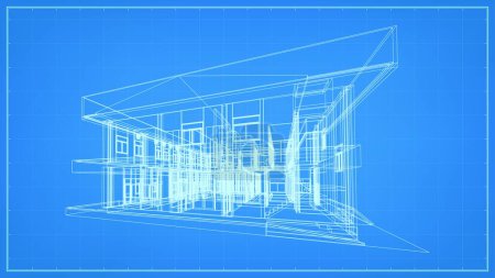 Illustration for 3D perspective render of wireframe architectural construction. 3D building wireframe. Vector illustration. - Royalty Free Image