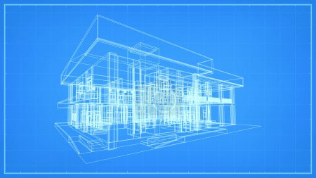 Ilustración de Perspectiva 3D renderizado de la construcción arquitectónica wireframe. Estructura de alambre de edificio 3D. Ilustración vectorial. - Imagen libre de derechos