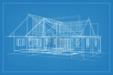 Ilustración de Renderizado 3D de la estructura del marco de alambre del edificio. Perspectiva wireframe de exterior de la casa. Idea gráfica de construcción abstracta. Ilustración vectorial. - Imagen libre de derechos