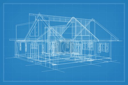 Illustration for 3D render of building wireframe structure. Perspective wireframe of house exterior. Abstract construction graphic idea. Vector illustration. - Royalty Free Image