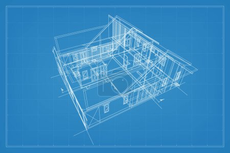 Illustration for 3D render of building wireframe structure. Perspective wireframe of house exterior. Abstract construction graphic idea. Vector illustration. - Royalty Free Image