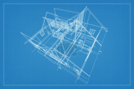 Ilustración de Renderizado 3D de la estructura del marco de alambre del edificio. Perspectiva wireframe de exterior de la casa. Idea gráfica de construcción abstracta. Ilustración vectorial. - Imagen libre de derechos