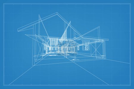 Illustration for 3D render of building wireframe structure. Perspective wireframe of house exterior. Abstract construction graphic idea. Vector. - Royalty Free Image