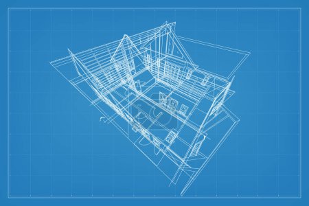 Illustration for 3D render of building wireframe structure. Perspective wireframe of house exterior. Abstract construction graphic idea. Vector. - Royalty Free Image