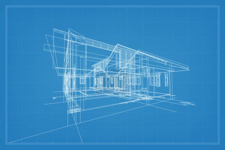 Ilustración de Renderizado 3D de la estructura del marco de alambre del edificio. Perspectiva wireframe de exterior de la casa. Idea gráfica de construcción abstracta. Vector. - Imagen libre de derechos