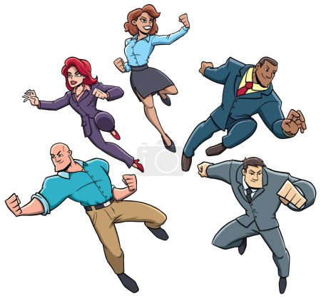 Ilustración de Conjunto de 5 personas de negocios de dibujos animados o trabajadores de oficina, en trajes de negocios y en poses de superhéroe. - Imagen libre de derechos