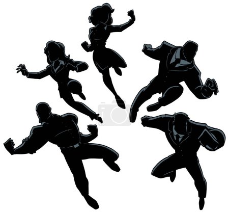 Set of 5 cartoon business people or office workers, in business suits and in superhero poses.