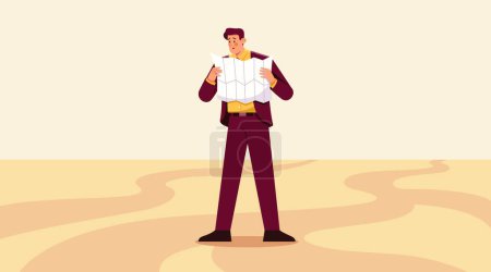 Illustration for Confused businessman holds map and stands at crossroads. - Royalty Free Image
