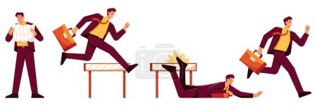 Illustration for Set with flat design businessman character in running jumping falling and searching situations. - Royalty Free Image