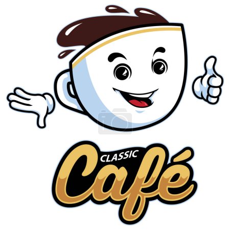 Téléchargez les illustrations : Cartoon mascot for cafe restaurant with funny cup of coffee or tea. - en licence libre de droit