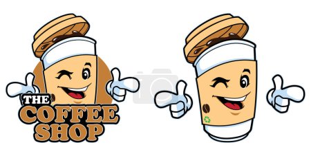 Téléchargez les illustrations : Cartoon mascot for coffee shop with funny cup of coffee or tea. - en licence libre de droit