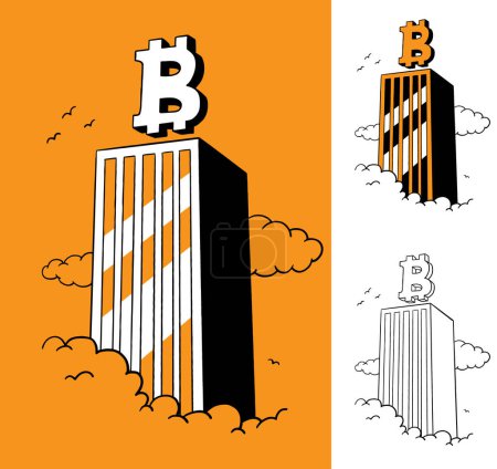 Ilustración de Concept doodle illustration with corporate tower with giant Bitcoin symbol on top, representing crypto hedge fund. - Imagen libre de derechos