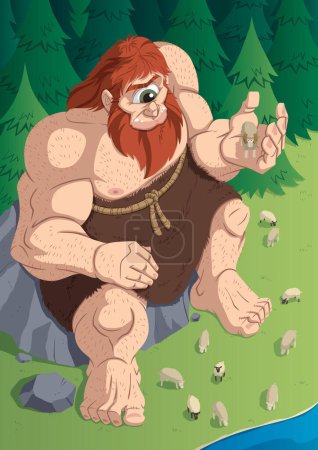 Illustration for The Cyclops Polyphemus with his flock of sheep. Because of him, Odysseus got into serious trouble. - Royalty Free Image